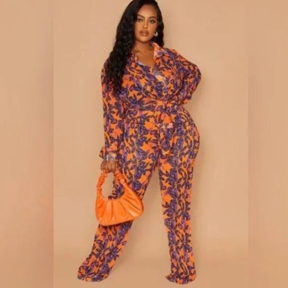 Pretty Little Thing Women's Plus Size 20 Orange Print Beach Flares Pant Purple